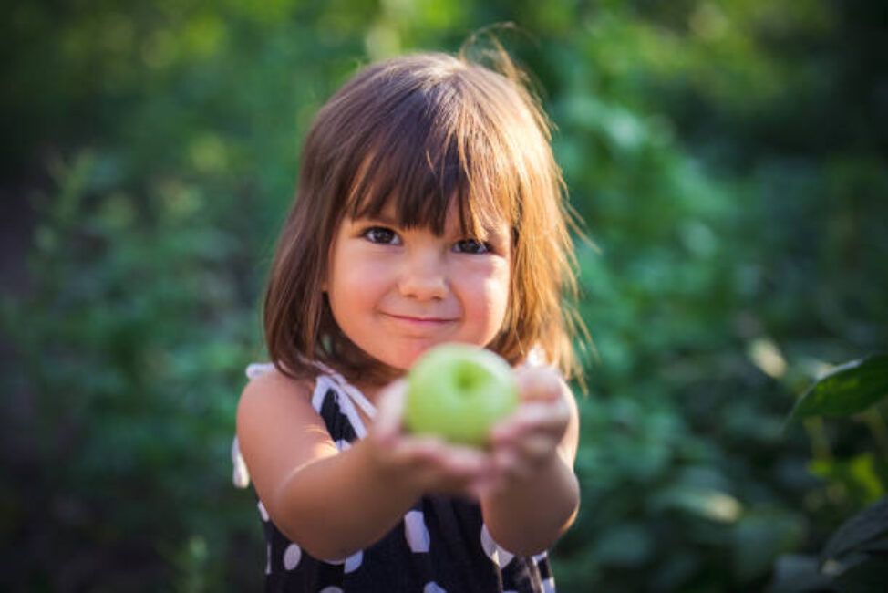Little Girl showing a freshly picked apple